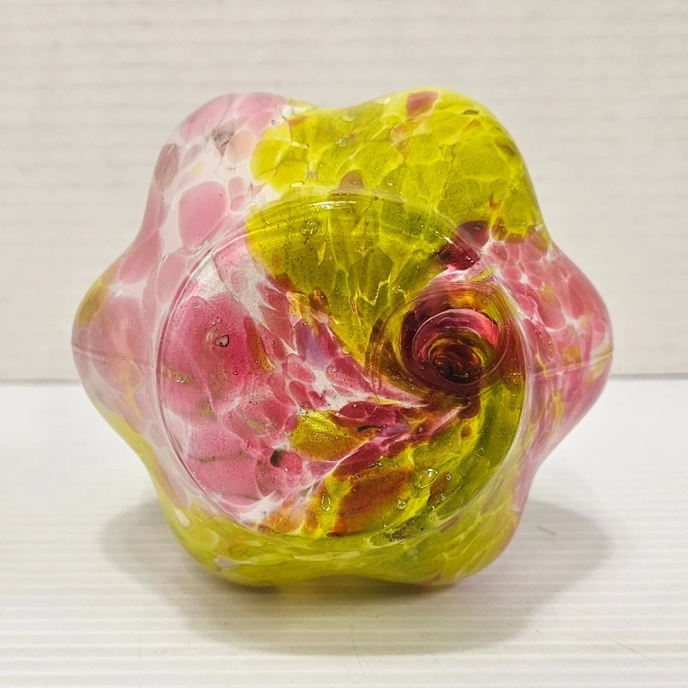 Blown Glass Pink & Yellow Swirl Decorative Vase With Ruffled Edges Unbranded